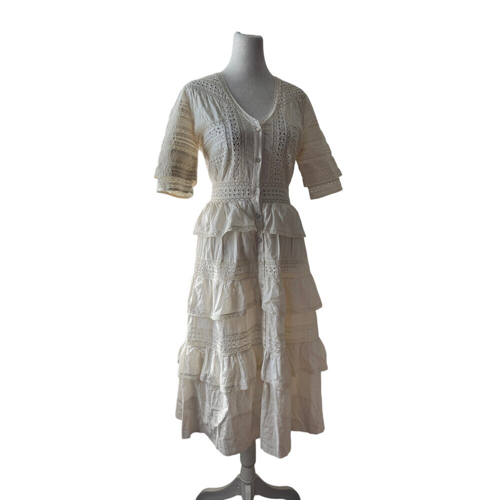 LoveShackFancy Rebecca 100% Cotton White Lace Embroidered Tiered Midi Dress - Picture 10 of 14